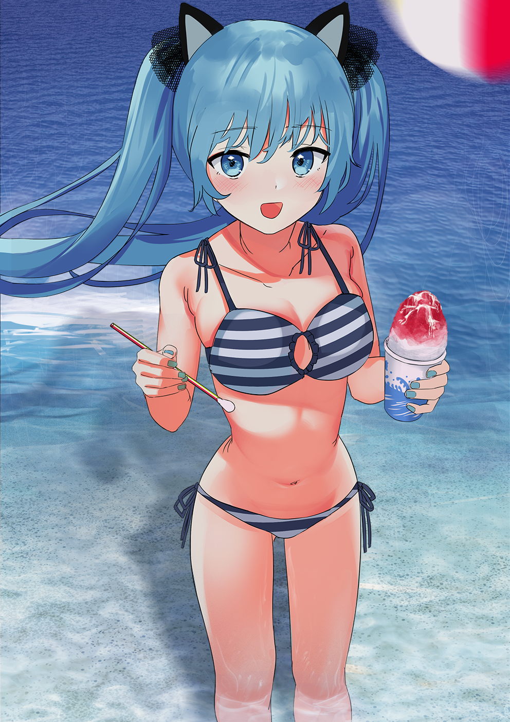 1girl bikini blue_eyes blue_hair eyebrows_visible_through_hair geisha-geisha- hatsune_miku highres long_hair nail_polish navel ocean open_mouth outdoors shaved_ice side-tie_bikini solo standing striped striped_bikini summer swimsuit twintails vocaloid wading water