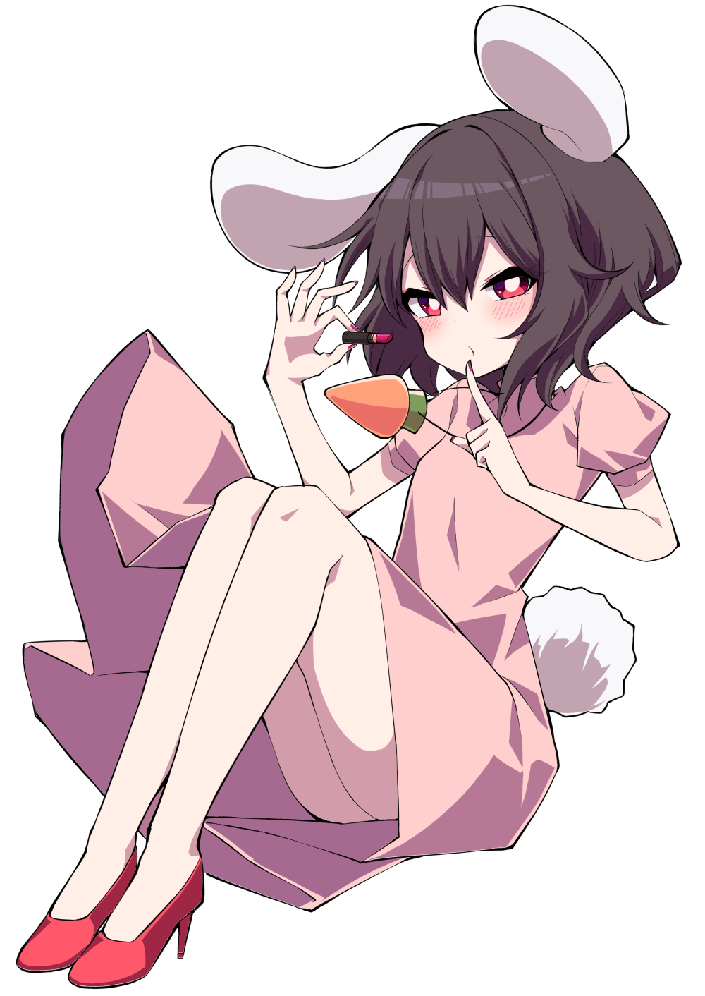 1girl animal_ears black_hair blush bright_pupils bunny_tail carrot_necklace commentary_request dress finger_to_mouth hair_between_eyes high_heels highres holding_lipstick_tube inaba_tewi knees_up legs_together lipstick_tube partial_commentary pink_dress puffy_short_sleeves puffy_sleeves rabbit_ears red_eyes red_footwear red_nails short_hair short_sleeves simple_background sitting solo tail touhou tsukimirin white_background white_pupils