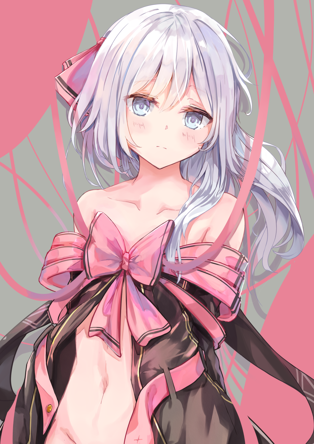 1girl bangs bare_shoulders blue_eyes blush bow breasts closed_mouth collarbone commentary_request eyebrows_visible_through_hair grey_background hair_between_eyes highres long_hair long_sleeves looking_at_viewer navel off_shoulder original pink_background pink_bow pink_ribbon ribbon shinsoyori silver_hair small_breasts solo two-tone_background