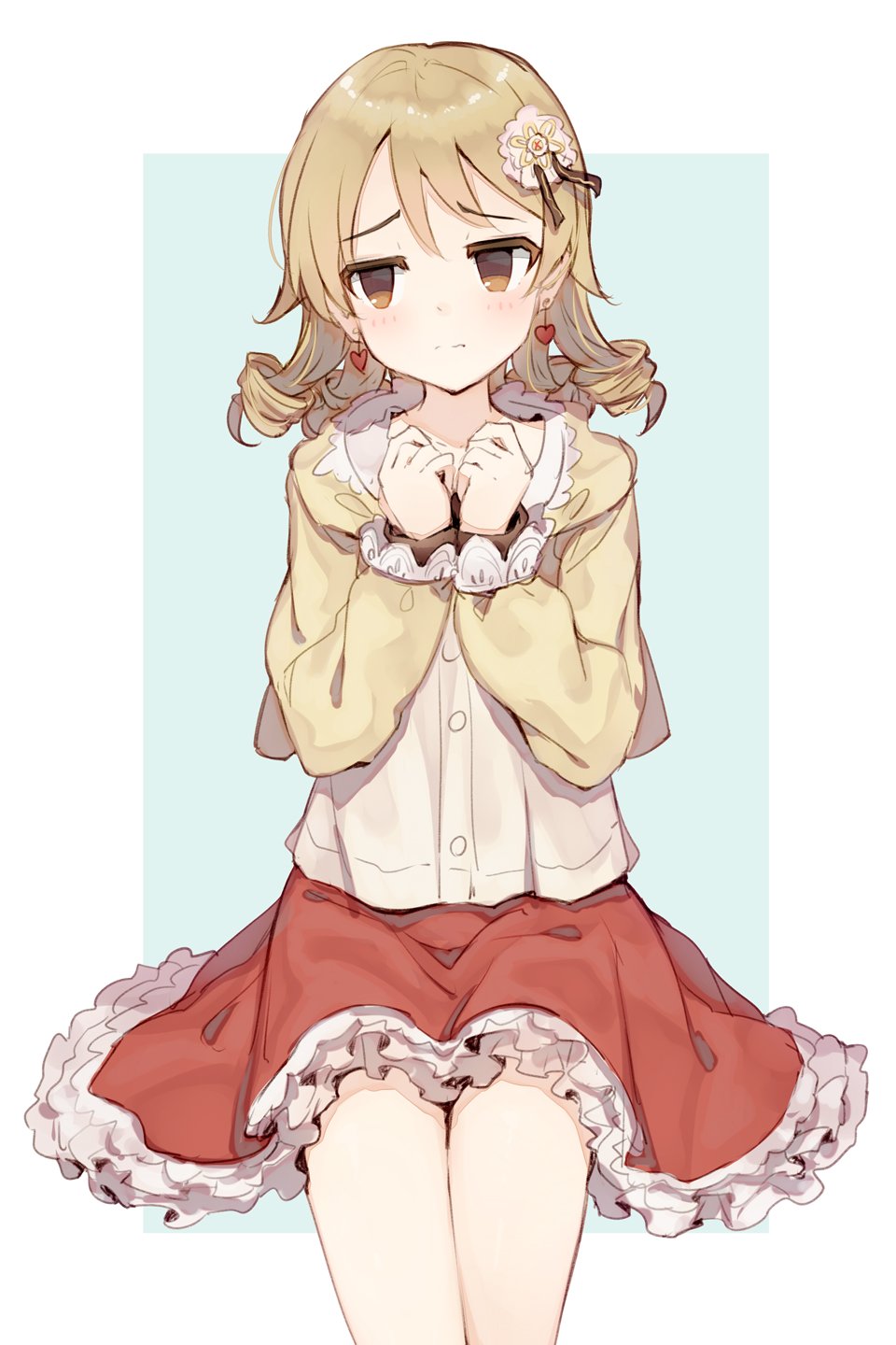 1girl beige_jacket blonde_hair blush brown_eyes cowboy_shot earrings eyebrows_visible_through_hair frilled_skirt frills hair_ornament hands_up heart heart_earrings highres idolmaster idolmaster_cinderella_girls jewelry long_hair long_sleeves looking_away morikubo_nono red_skirt ringlets shirt shone simple_background skirt solo white_shirt