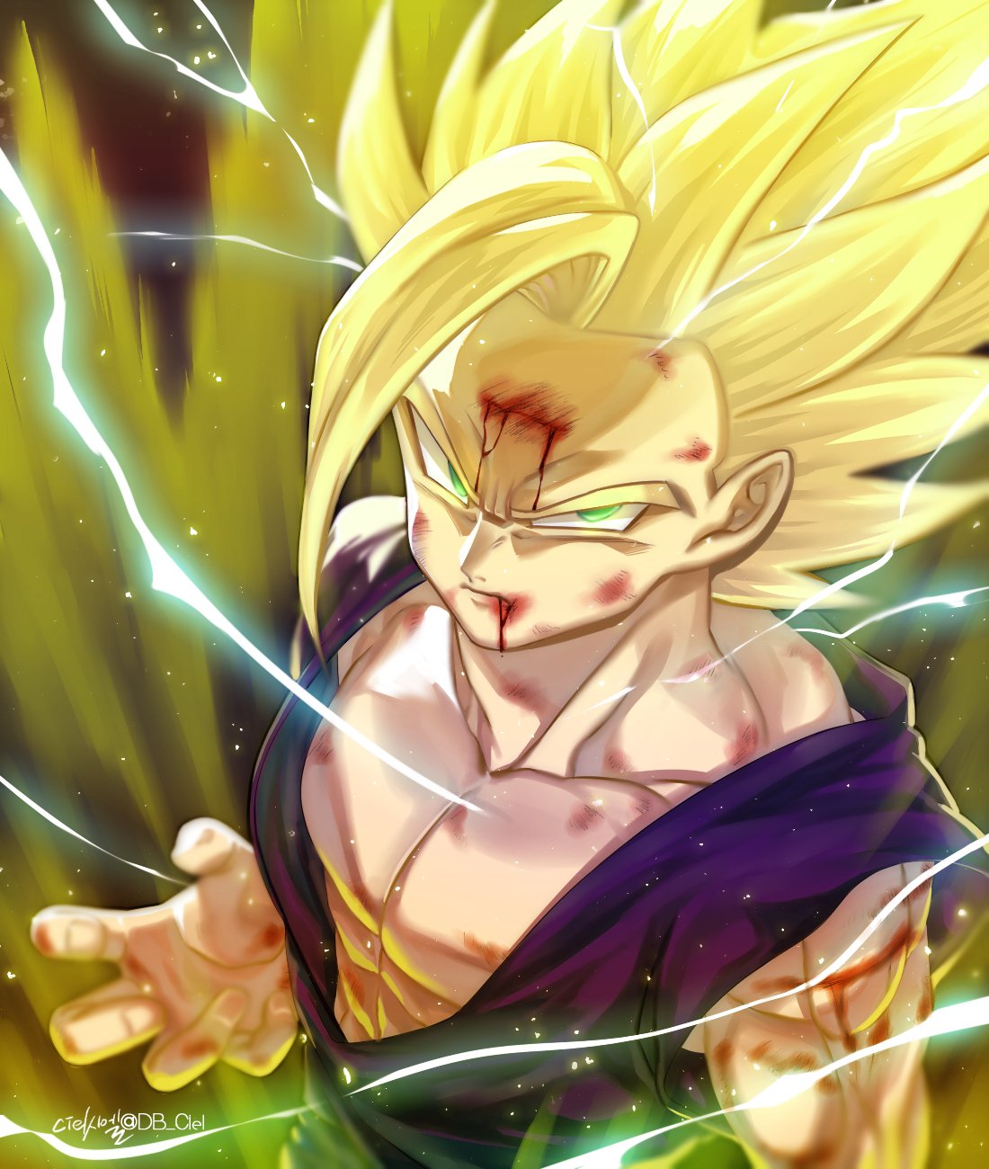 1boy abs aura battle_damage bleeding blonde_hair blood blood_from_mouth child dougi dragon_ball dragon_ball_z electricity expressionless frown green_eyes highres injury male_focus saiyan serious short_hair son_gohan spiky_hair super_saiyan super_saiyan_2 tarutobi wristband