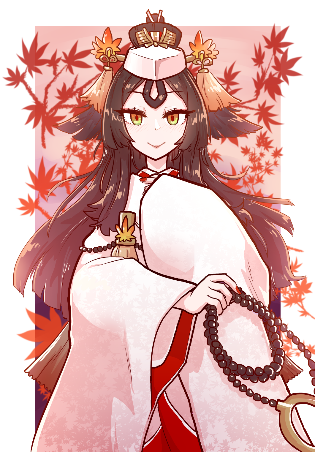 1girl bangs beads black_hair border breasts closed_mouth fate/grand_order fate/requiem fate_(series) hair_ornament hairpin hat highres japanese_clothes kijyo_koyo_(fate) kimono leaf long_hair long_sleeves looking_at_viewer maple_leaf pink_background smile tassel tenk white_border white_headwear white_kimono wide_sleeves yellow_eyes