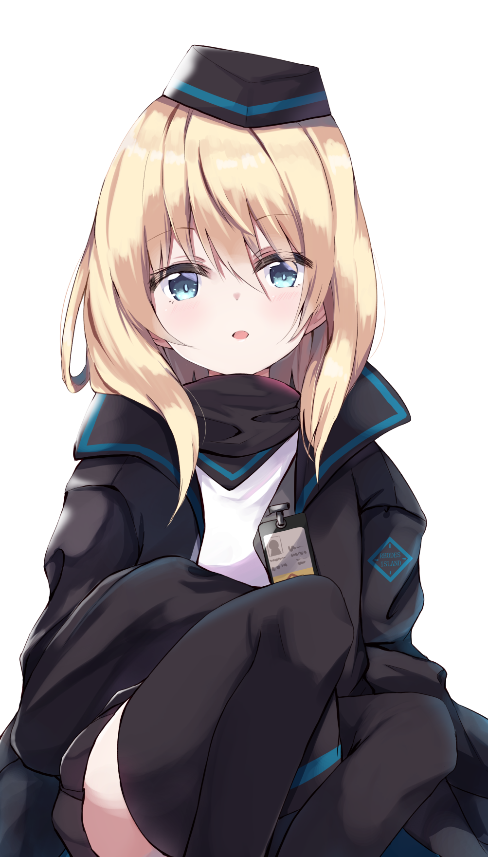 1girl amano_kouki arknights bangs between_legs black_headwear black_jacket black_legwear black_scarf black_skirt blonde_hair blue_eyes blush commentary_request durin_(arknights) eyebrows_visible_through_hair feet_out_of_frame garrison_cap hair_between_eyes hand_between_legs hat highres jacket long_hair long_sleeves looking_at_viewer open_clothes open_jacket parted_lips pleated_skirt scarf shirt simple_background skirt sleeves_past_fingers sleeves_past_wrists solo thigh-highs white_background white_shirt