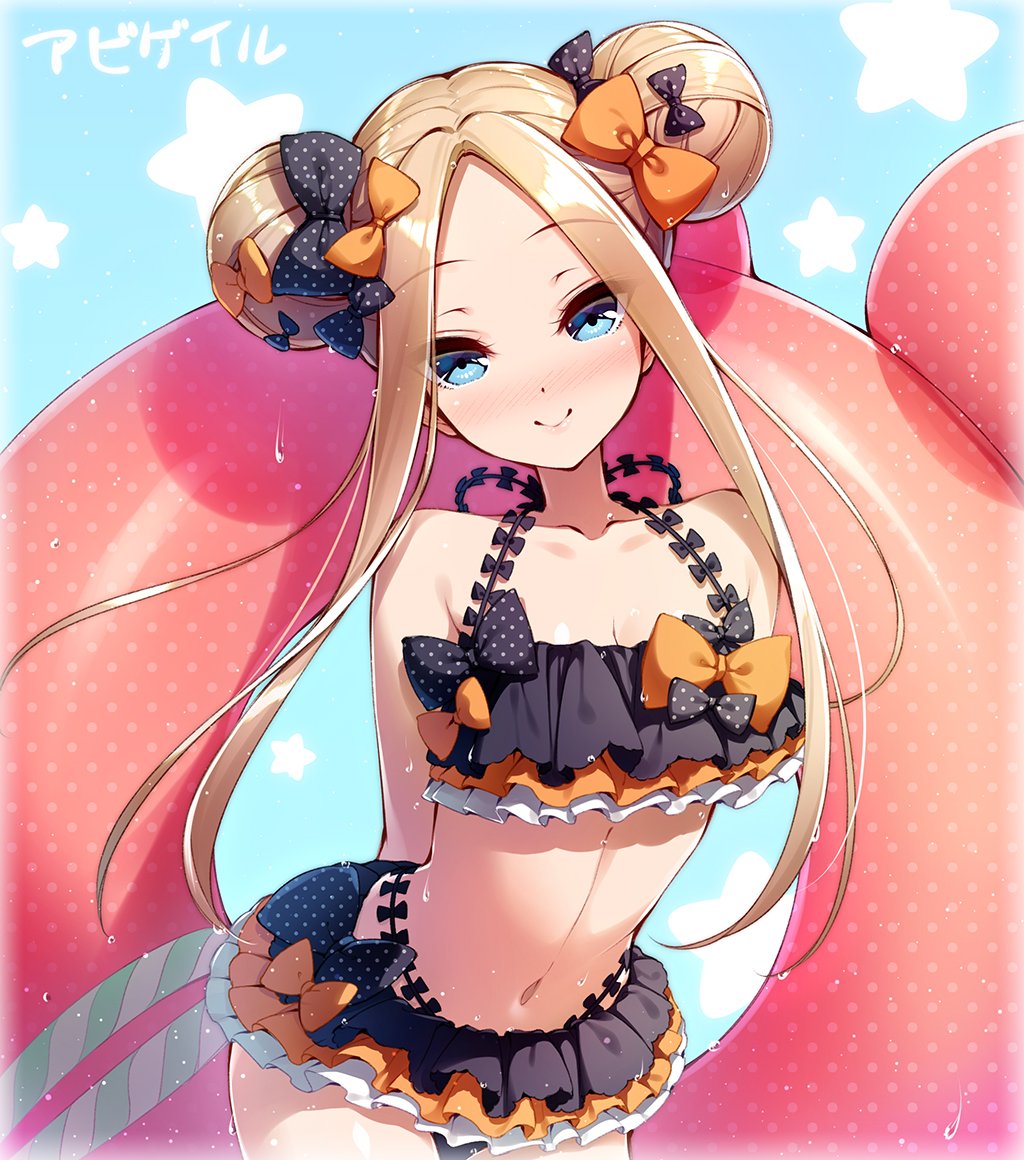 1girl abigail_williams_(fate/grand_order) arms_behind_back bangs bare_shoulders bikini black_bikini black_bow blonde_hair blue_background blue_eyes blush bow breasts closed_mouth collarbone double_bun emerald_float fate/grand_order fate_(series) forehead frilled_bikini frills hair_bow huyukaaki long_hair looking_at_viewer multiple_bows navel orange_bow parted_bangs pink_innertube polka_dot polka_dot_bow sidelocks small_breasts smile star starry_background swimsuit