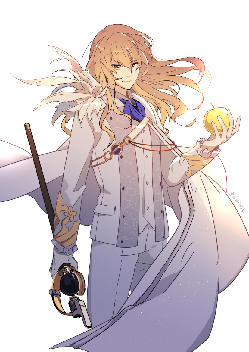 1boy alternate_eye_color apple bangs blonde_hair blue_neckwear cape earrings eyebrows_visible_through_hair fate/grand_order fate_(series) feather_collar food formal fruit gameplay_mechanics gloves glowing golden_apple green_eyes hair_between_eyes holding jewelry kirschtaria_wodime light long_hair long_sleeves looking_at_viewer mage neckerchief pants sei_(abab40116) smile solo staff standing suit white_background white_cape white_gloves white_pants white_suit