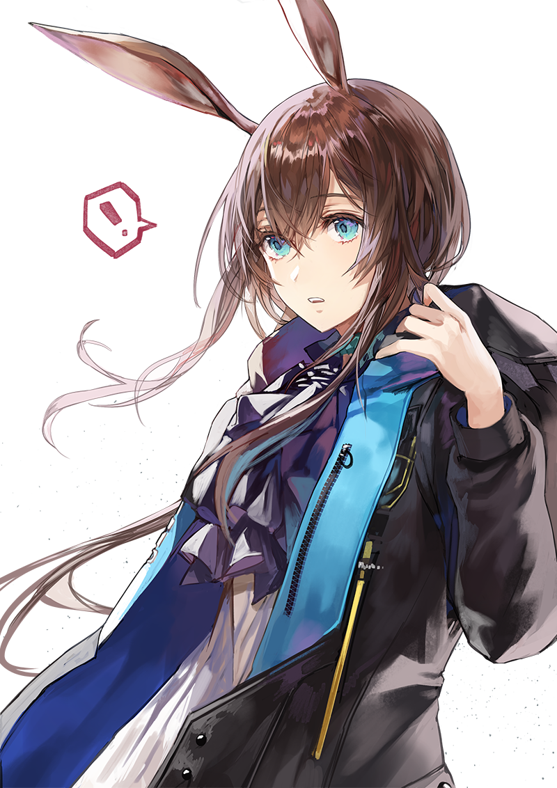 ! 1girl amiya_(arknights) animal_ears arknights bangs black_jacket blue_eyes brown_hair eyebrows_visible_through_hair hair_between_eyes hood hooded_jacket jacket kim_eb long_hair long_sleeves open_clothes open_jacket open_mouth parted_lips rabbit_ears shiny shiny_hair shirt sidelocks simple_background solo speech_bubble spoken_exclamation_mark teeth white_background