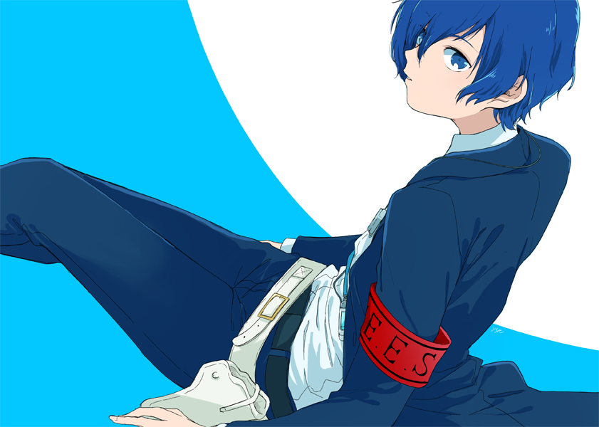 1boy armband belt blue_background blue_eyes blue_hair blue_jacket blue_pants digital_media_player gekkoukan_high_school_uniform hair_over_one_eye holster jacket long_sleeves looking_at_viewer looking_back male_focus open_clothes open_jacket pants persona persona_3 school_uniform shirt sitting solo white_shirt yasuu! yuuki_makoto