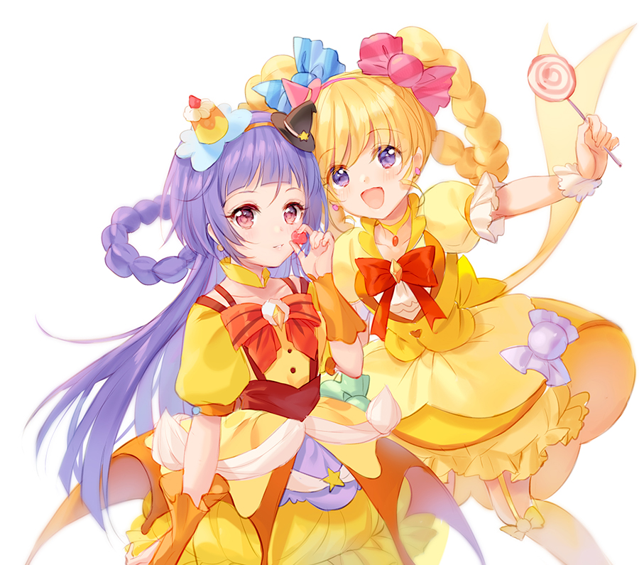 2girls :d asahina_mirai black_headwear blonde_hair blush bow braid candy candy_hair_ornament candy_wrapper collarbone commentary_request cure_magical cure_miracle dress food food_themed_hair_ornament fruit hair_ornament hand_up hat holding holding_food holding_lollipop izayoi_liko lollipop long_hair mahou_girls_precure! mini_hat mini_witch_hat multiple_girls open_mouth parted_lips pf pink_headwear precure puffy_short_sleeves puffy_sleeves purple_hair red_bow red_eyes short_sleeves simple_background smile strawberry striped striped_bow swirl_lollipop tilted_headwear twin_braids very_long_hair violet_eyes white_background witch_hat wrist_cuffs yellow_dress