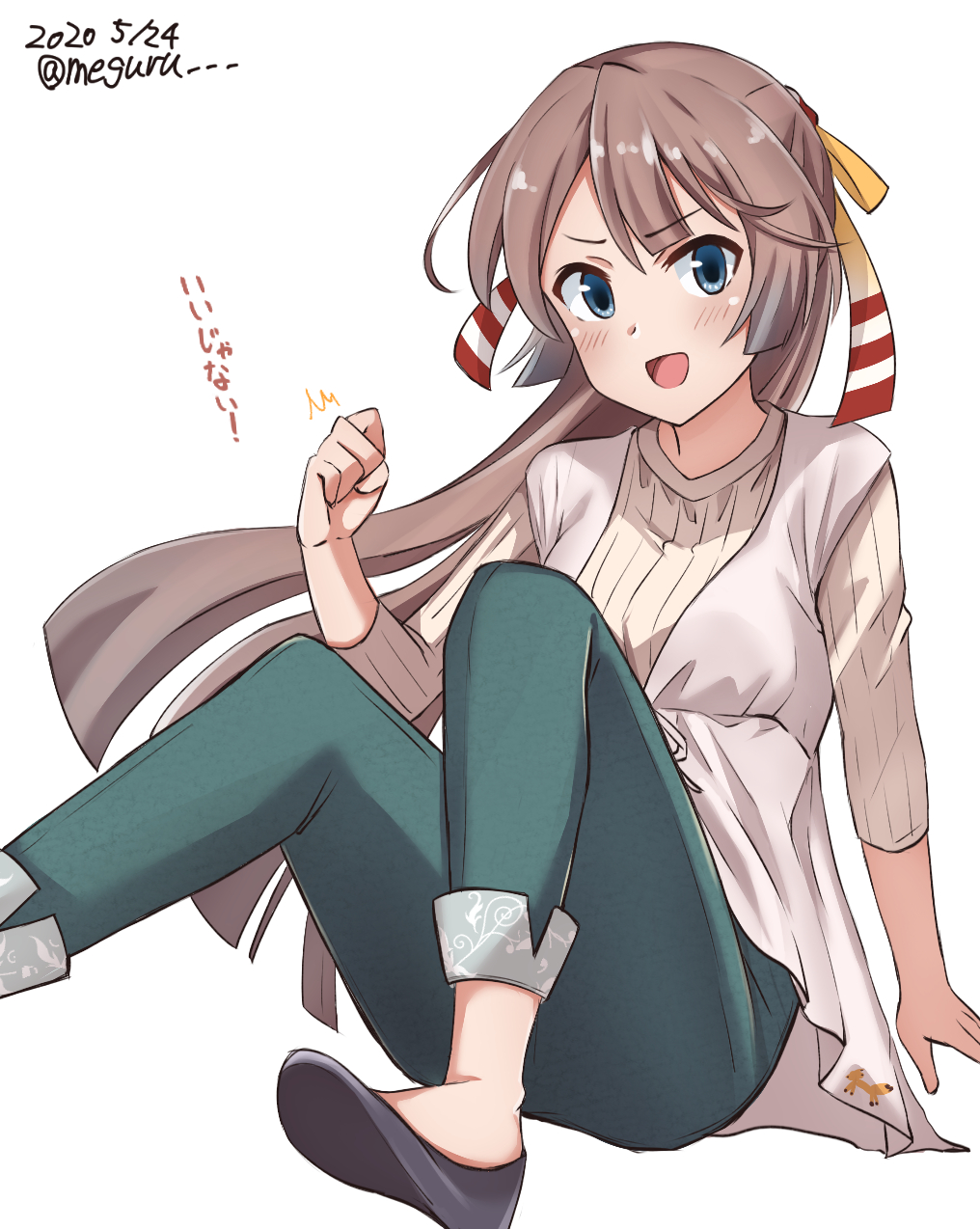 1girl :d alternate_costume black_footwear blue_eyes brown_hair casual clenched_hand dated foot_out_of_frame green_pants hair_ribbon highres kantai_collection kazagumo_(kantai_collection) long_hair looking_at_viewer meguru_(megurunn) open_mouth pants ponytail pumps ribbed_sweater ribbon simple_background sitting smile solo sweater twitter_username white_background white_sweater