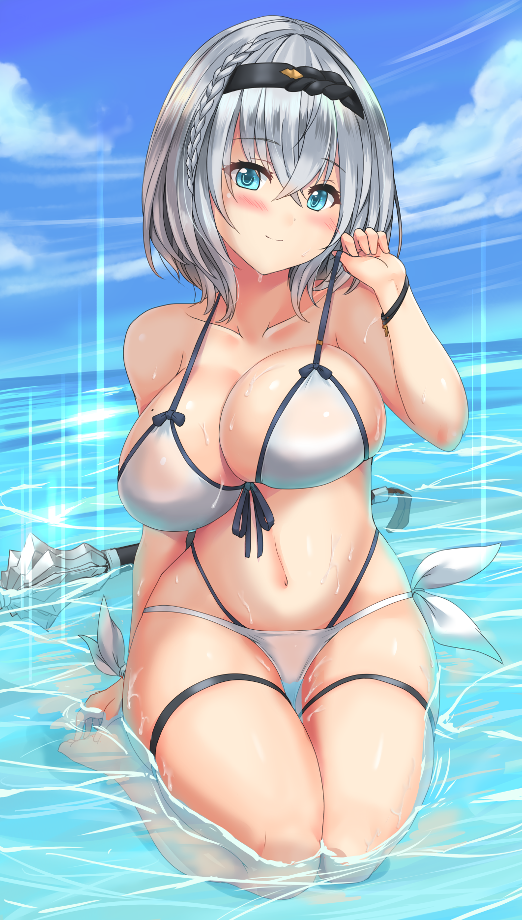 1girl bangs bikini blue_eyes blush bracelet braid breasts clouds cloudy_sky collarbone commentary_request day eyebrows_visible_through_hair glint hair_between_eyes hairband head_tilt highres hololive jewelry large_breasts looking_at_viewer mace miyuki_rei mole mole_on_breast navel ocean seiza shirogane_noel short_hair silver_hair sitting sky solo swimsuit thigh_strap virtual_youtuber wading weapon wet white_bikini