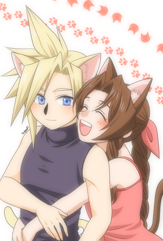 1boy 1girl aerith_gainsborough animal_ears blonde_hair blue_eyes blush brown_hair cat_day cat_ears child cloud_strife final_fantasy final_fantasy_vii hug hug_from_behind open_mouth paw_print smile spiky_hair younger