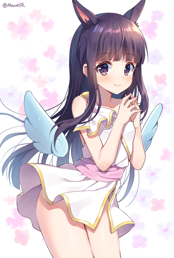 1girl animal_ears bangs bare_shoulders blue_wings blunt_bangs blush closed_mouth commentary_request detached_wings dress eyebrows_visible_through_hair floral_background hands_together hands_up kasumi_(princess_connect!) long_hair mauve princess_connect! princess_connect!_re:dive purple_hair smile solo twitter_username very_long_hair violet_eyes white_background white_dress wings