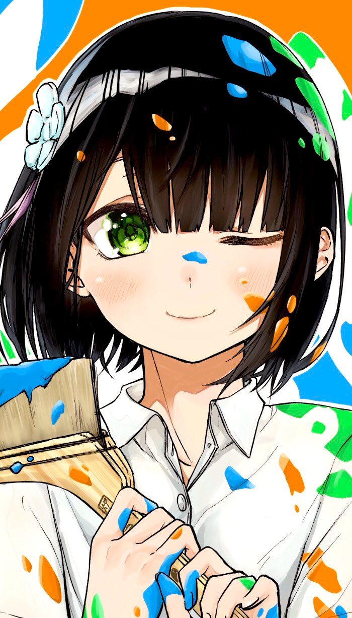 1girl bangs black_hair blue_flower bob_cut bodypaint buttons collarbone collared_shirt flower green_eyes hair_extensions hair_flower hair_ornament highres holding_brush imouto_no_tomodachi_ga_nani_kangaeteru_no_ka_wakaranai one_eye_closed paint paint_on_body paint_on_clothes paint_on_face paint_splatter paintbrush painted_clothes rayrei1414 shiny shiny_hair shirt short_hair tsuyu-chan