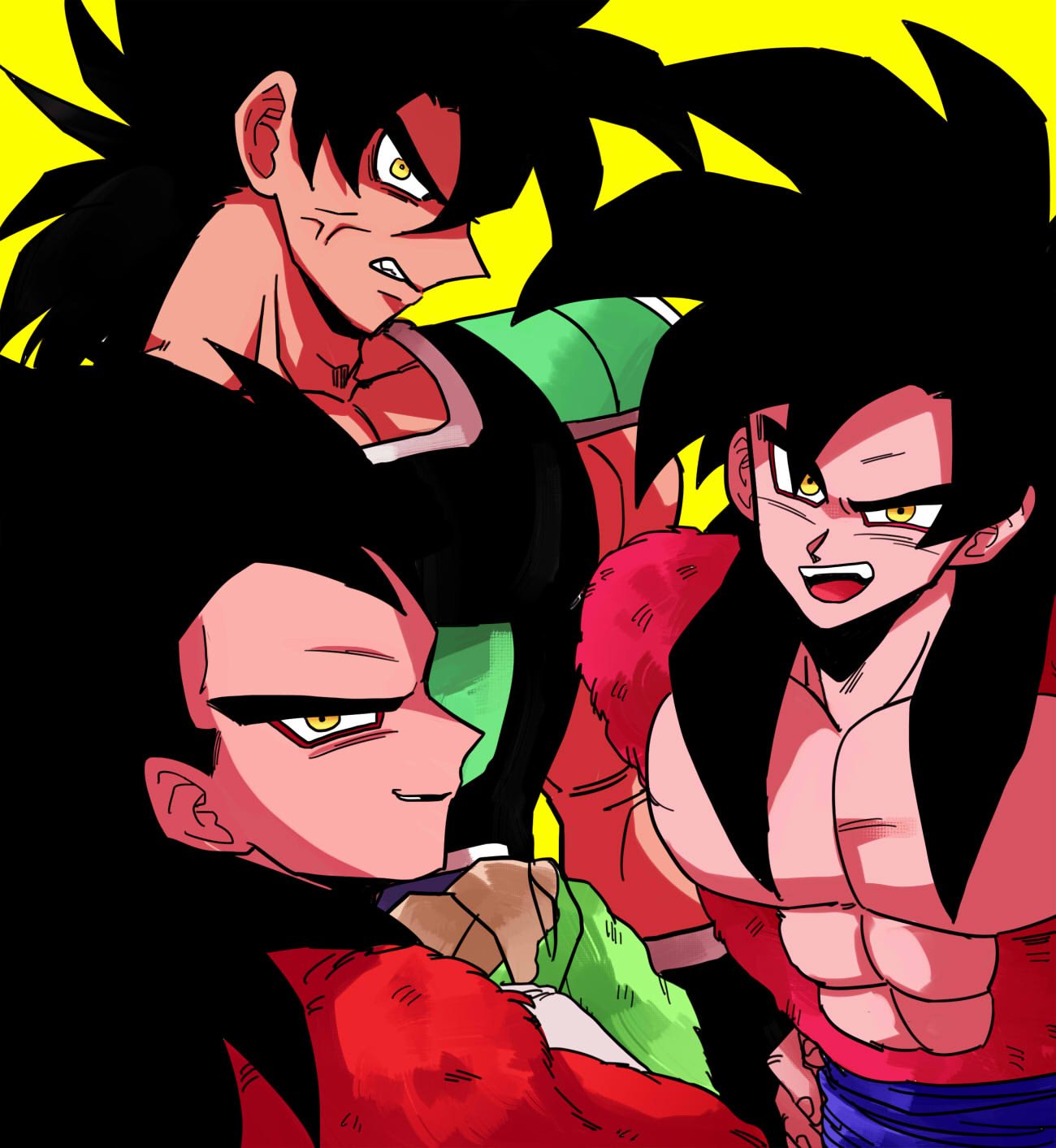 3boys abs anger_vein angry armor bare_chest berserker_rage black_hair broly broly_(dragon_ball_super) chest closed_mouth crossed_arms dragon_ball dragon_ball_gt dragon_ball_super dragon_ball_super_broly dragon_ball_z eyeshadow fur grin happy highres hk_chaaan long_hair looking_at_viewer makeup male_focus medium_hair monkey monkey_boy monkey_tail multiple_boys muscle open_mouth red_eyeshadow red_fur saiyan scar shirtless short_hair simple_background smile smirk son_gokuu spiky_hair super_saiyan super_saiyan_4 tail vegeta wristband yellow_background yellow_eyes