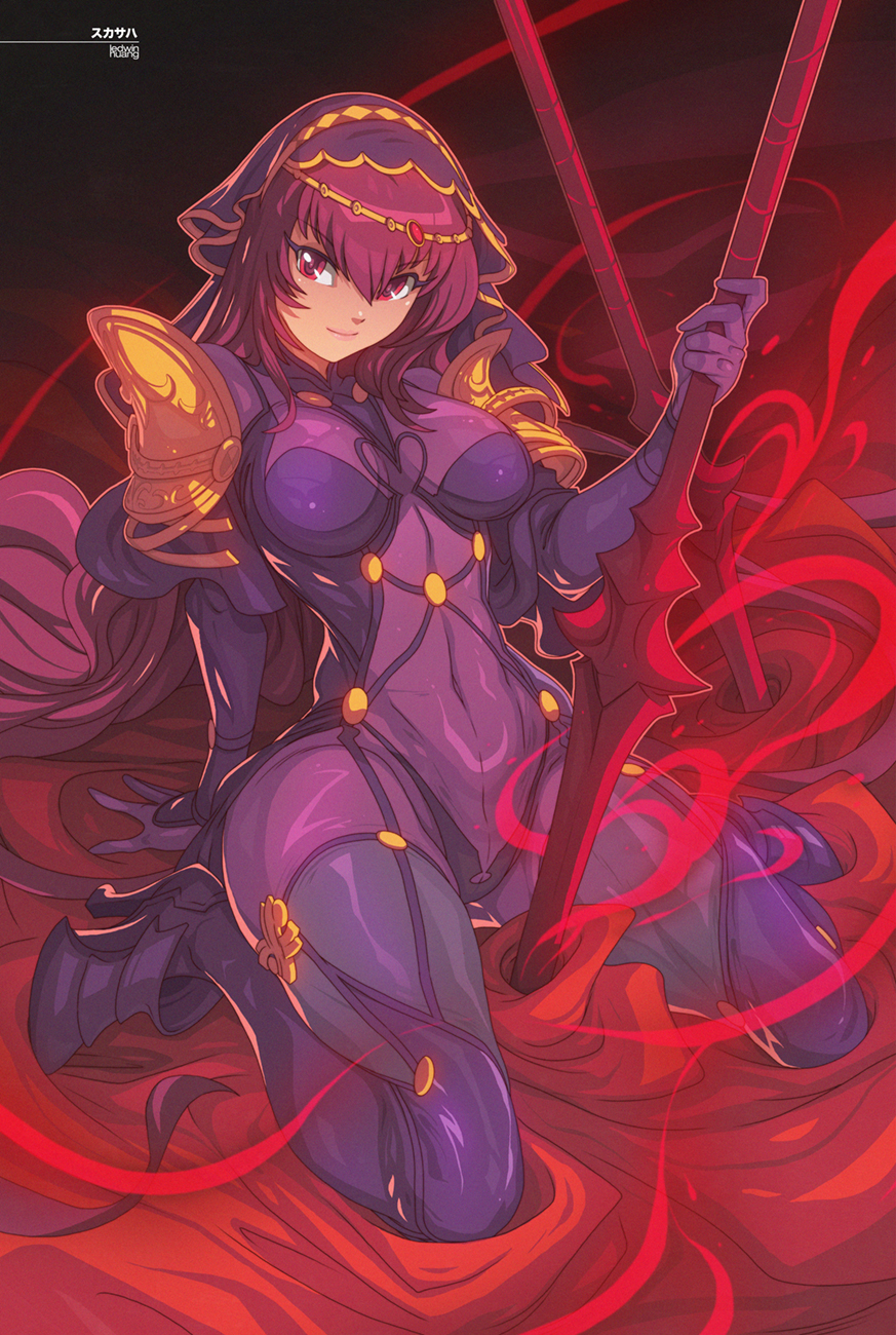 1girl bodysuit boots breasts commission edwin_huang fate/grand_order fate_(series) gae_bolg high_heel_boots high_heels highres long_hair medium_breasts navel pauldrons planted_spear polearm purple_bodysuit purple_hair red_eyes scathach_(fate)_(all) scathach_(fate/grand_order) see-through skin_tight solo spear thigh-highs thigh_boots veil very_long_hair weapon