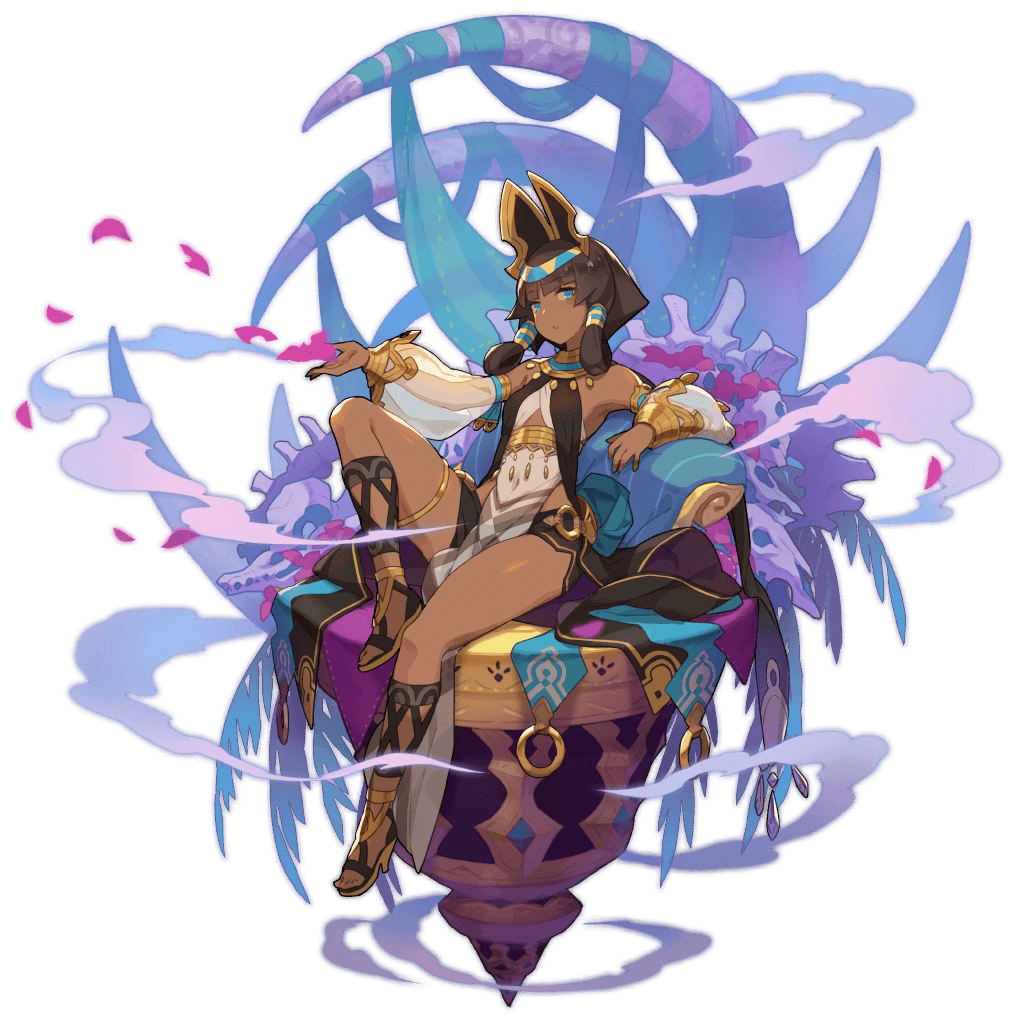 1girl black_hair blue_eyes bone dark_skin detached_sleeves dragalia_lost egyptian egyptian_clothes full_body gold_trim hair_tubes headdress nefaria official_art pelvic_curtain petals ribbon saitou_naoki sandals sitting skull smoke solo thigh_strap transparent_background