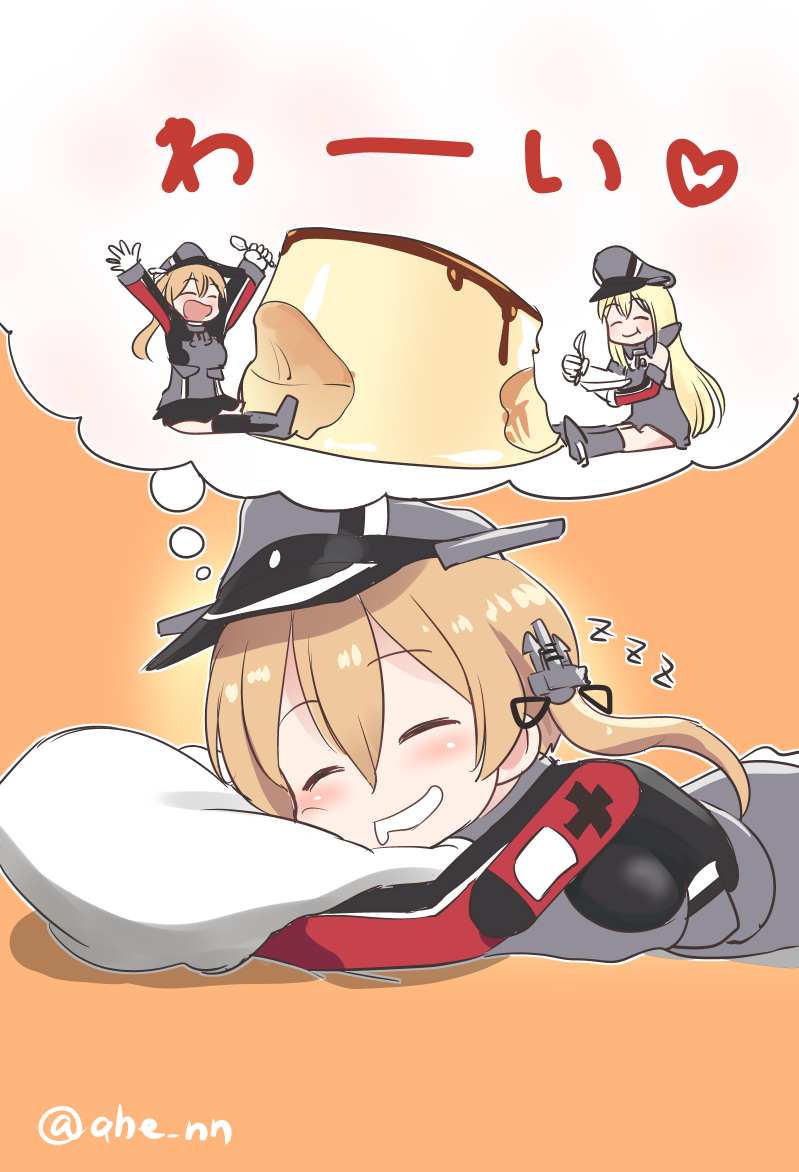 2girls ^_^ ^o^ ahenn bare_shoulders bismarck_(kantai_collection) black_skirt blonde_hair closed_eyes detached_sleeves dreaming eating food gloves grey_legwear hair_between_eyes hat holding holding_spoon kantai_collection long_hair long_sleeves low_twintails military military_hat military_uniform multiple_girls open_mouth orange_background peaked_cap pleated_skirt prinz_eugen_(kantai_collection) pudding simple_background skirt smile spoon thigh-highs twintails twitter_username uniform white_gloves zzz