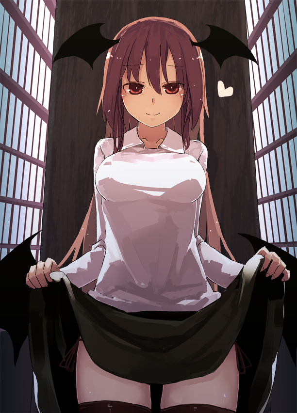 1girl bat_wings blush breasts bright_pupils collarbone collared_shirt commentary_request cowboy_shot dress_shirt eyebrows_visible_through_hair futatsuki_eru hair_between_eyes head_wings heart koakuma large_breasts lifted_by_self long_hair looking_at_viewer low_wings red_eyes redhead shirt skirt skirt_lift smile standing thigh-highs thigh_gap touhou very_long_hair white_pupils wings zettai_ryouiki