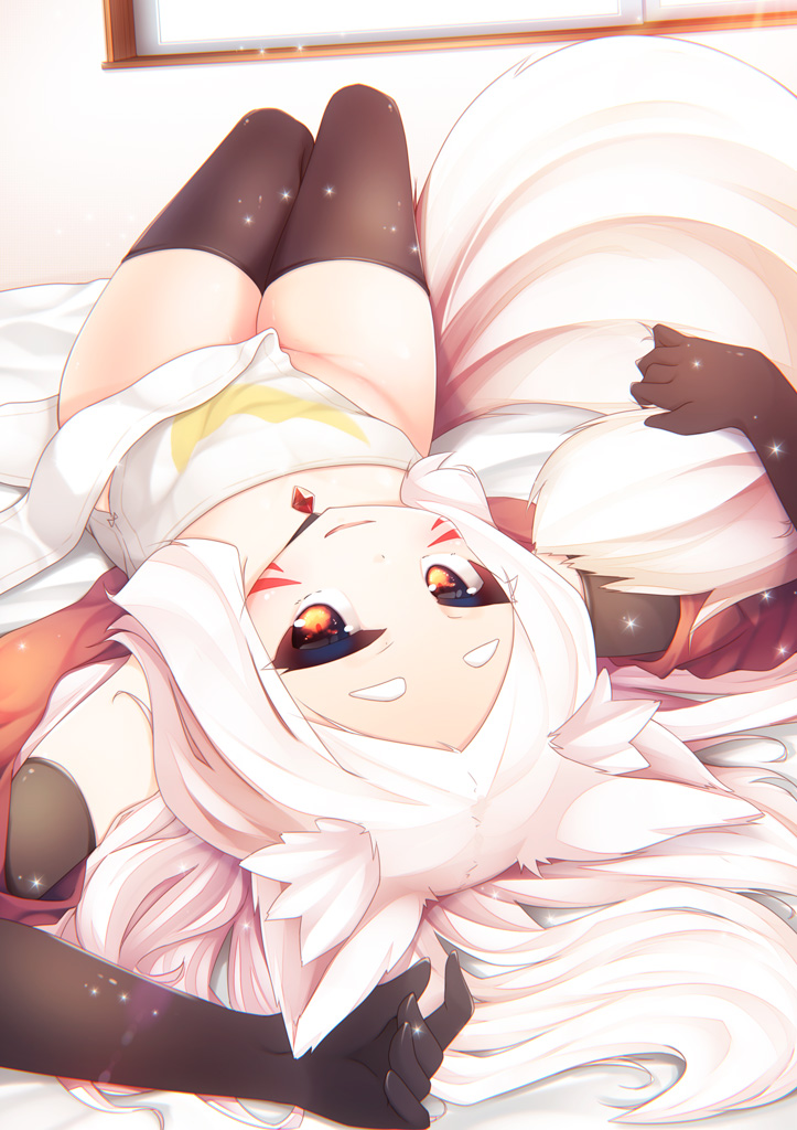 1girl animal_ear_fluff animal_ears black_gloves black_legwear breasts choker closed_mouth dress elbow_gloves facial_mark fox_ears fox_girl fox_tail gloves long_hair looking_at_viewer lying no_panties on_back on_bed red_eyes sewayaki_kitsune_no_senko-san shiro_(sewayaki_kitsune_no_senko-san) sidelocks sleeveless small_breasts smile solo strapless strapless_dress tail thigh-highs thigh_gap thighs torii_(kedamatori) v-shaped_eyebrows white_hair