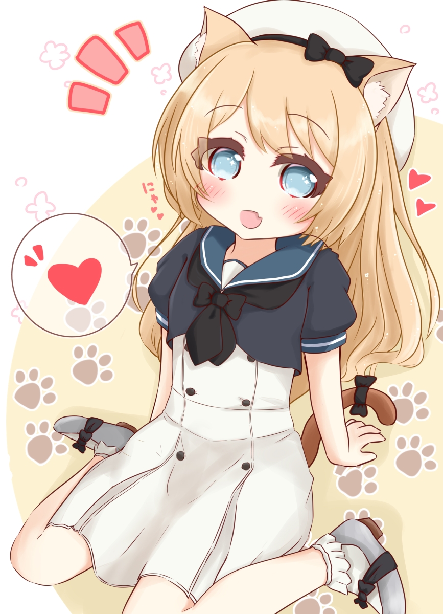 1girl :d animal_ears arm_support bangs beret black_bow black_neckwear black_shirt blonde_hair blue_eyes blue_sailor_collar blush bobby_socks bow cat_ears cat_girl cat_tail commentary_request dress eyebrows_visible_through_hair fang grey_footwear hat heart highres jervis_(kantai_collection) kantai_collection kemonomimi_mode long_hair neckerchief notice_lines open_mouth pleated_dress puffy_short_sleeves puffy_sleeves ridy_(ri_sui) sailor_collar shirt shoes short_sleeves sitting smile socks solo spoken_heart tail tail_bow very_long_hair wariza white_dress white_headwear white_legwear