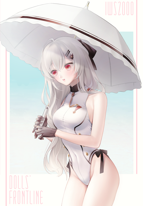 1girl black_gloves bodysuit bow breasts character_name english_text girls_frontline gloves hair_bow hair_ribbon iws-2000_(girls_frontline) long_hair looking_down medium_breasts red_eyes ribbon silver_hair simple_background solo thighs umbrella urano_ura white_bodysuit white_hair