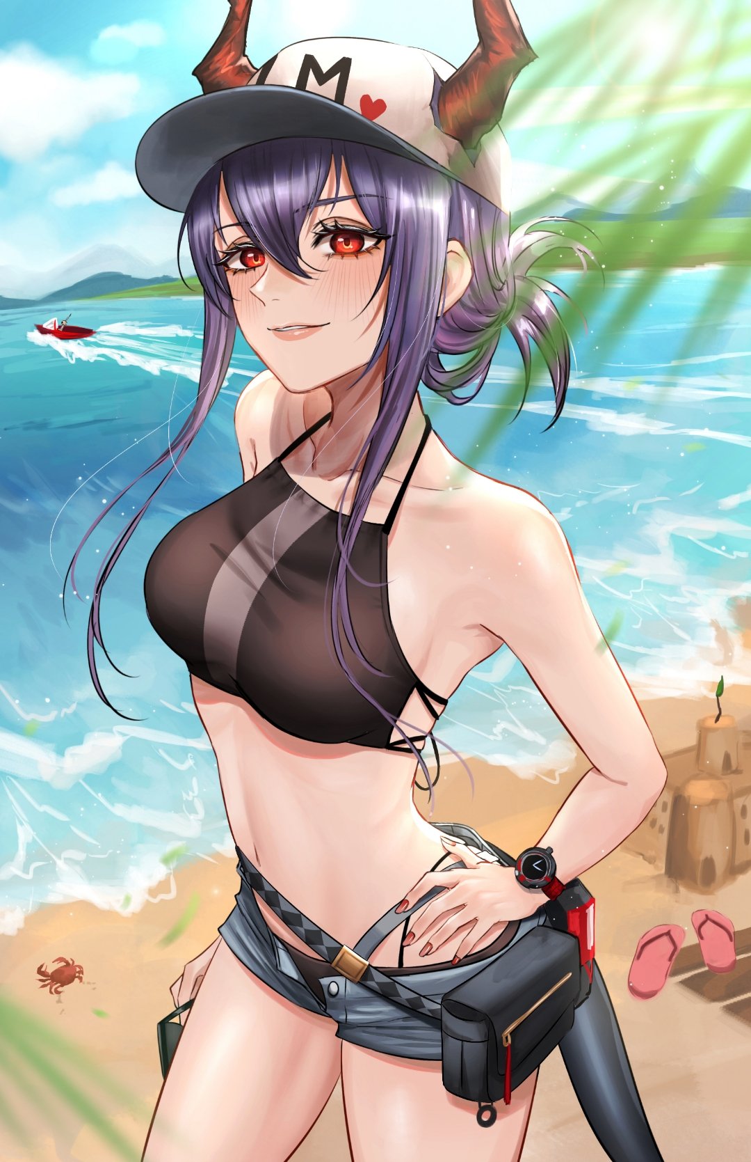 1girl arknights bangs bare_arms bare_shoulders baseball_cap beach belt bikini black_bikini blue_sky blush breasts ch'en_(arknights) clouds commentary cowboy_shot crab day dragon_horns dragon_tail eyebrows_visible_through_hair grey_shorts hair_between_eyes halterneck hand_on_hip hat heart highres horns horns_through_headwear kurisustinah long_hair looking_at_viewer medium_breasts nail_polish navel ocean outdoors parted_lips pink_lips pink_nails pouch purple_hair red_eyes sand_castle sand_sculpture short_shorts shorts sidelocks sky smile solo standing stomach swimsuit tail thighs tied_hair watch watch water