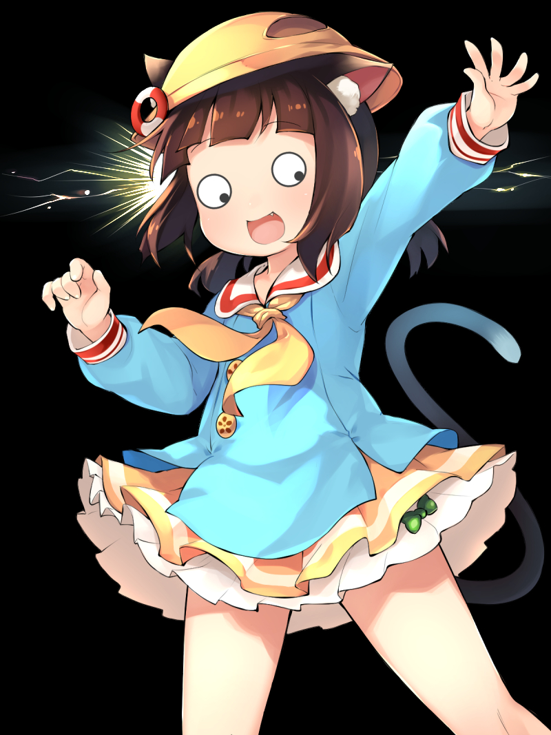 1girl :d animal_ear_fluff animal_ears azur_lane bangs bare_legs black_background blush brown_hair buttons candy cat_ears cat_girl cat_tail commentary_request cowboy_shot eyebrows_visible_through_hair fang food hat hat_ornament kindergarten_uniform lifebuoy_hair_ornament lightning_background lollipop long_sleeves looking_down low_twintails miniskirt mutsuki_(azur_lane) mutsuki_face neckerchief open_mouth outstretched_arm pleated_skirt sailor_collar school_hat short_hair short_twintails sidelocks simple_background skirt smile solo standing tail tail_raised twintails white_sailor_collar yellow_headwear yellow_neckwear yellow_skirt youhei_64d