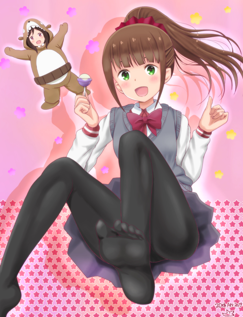 2girls :d animal_costume arms_up bear_costume black_legwear blush bow brown_hair candy collared_shirt commentary dated dated_commentary feet food grey_sweater_vest hair_ornament hair_scrunchie hitori_bocchi hitoribocchi_no_marumaru_seikatsu holding holding_food honshou_aru lollipop long_hair looking_at_viewer multiple_girls no_shoes open_mouth pantyhose pink_background ponytail red_bow red_eyes red_scrunchie samenoido school_uniform scrunchie shirt signature skirt smile soles solo_focus star starry_background sweater_vest white_shirt