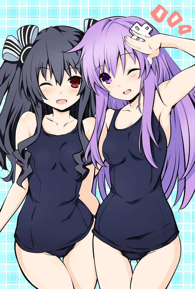 2girls bare_shoulders black_hair blush breasts competition_school_swimsuit d-pad d-pad_hair_ornament hair_between_eyes hair_ornament iwasi-r long_hair looking_at_viewer multiple_girls nepgear neptune_(series) one-piece_swimsuit one_eye_closed open_mouth purple_hair red_eyes salute sidelocks small_breasts swimsuit uni_(neptune_series) very_long_hair violet_eyes