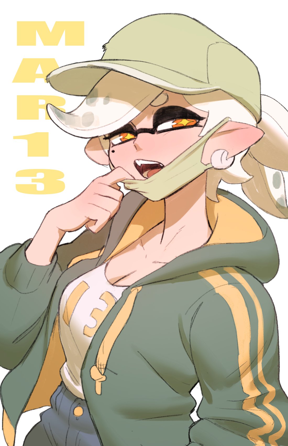 +_+ 1girl alternate_hairstyle bangs baseball_cap character_name clothes_writing colo_(nagrolaz) commentary dated double_vertical_stripe drawstring earrings english_commentary green_headwear green_jacket half-closed_eyes hat highres hood hood_down hooded_jacket hoodie hotaru_(splatoon) jacket jewelry long_sleeves looking_at_viewer mask mask_pull mole mole_under_eye mouth_mask open_clothes open_jacket open_mouth orange_eyes pointy_ears ponytail shirt short_hair silver_hair solo splatoon_(series) standing swept_bangs white_background white_shirt