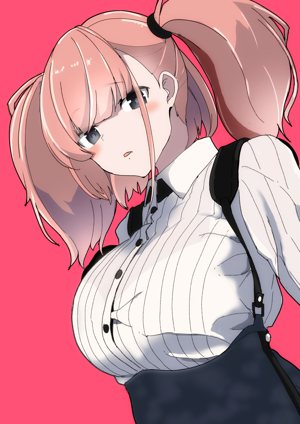 1girl atlanta_(kantai_collection) black_skirt breasts brown_hair commentary_request dress_shirt earrings grey_eyes high-waist_skirt highres jewelry kantai_collection large_breasts long_hair long_sleeves looking_at_viewer matetsu_(nakayoshi_sanfujinka) parted_lips pink_background shirt simple_background skirt solo star star_earrings suspender_skirt suspenders two_side_up white_shirt