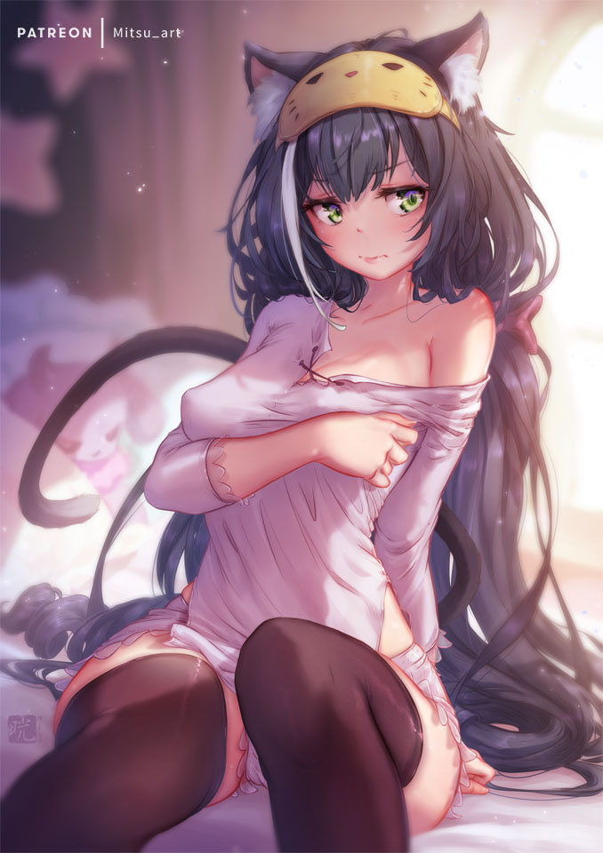 1girl animal_ears artist_name backlighting bangs bare_shoulders bed_sheet black_hair black_legwear blurry blurry_background blush bow breast_hold breasts cat_ears cat_tail closed_mouth depth_of_field eyebrows_visible_through_hair feet_out_of_frame green_eyes hair_bow indoors karyl_(princess_connect!) long_hair looking_at_viewer low_twintails medium_breasts mitsu_(mitsu_art) multicolored_hair off_shoulder on_bed pajamas princess_connect! princess_connect!_re:dive purple_bow single_bare_shoulder skindentation solo star streaked_hair stuffed_animal stuffed_toy tail thigh-highs twintails v-shaped_eyebrows very_long_hair white_hair