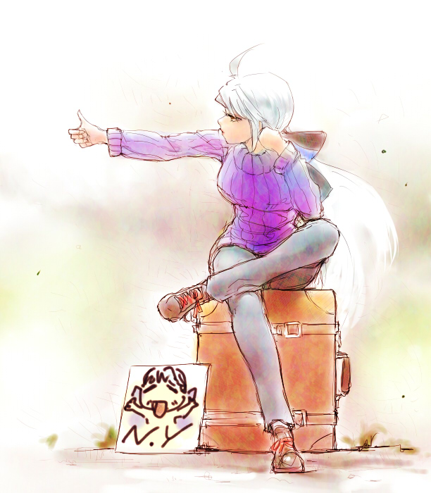 1girl ahoge arm_support black_bow bow chibi commentary crossed_legs denim hair_bow hitchhiking jeans konpasu leg_up long_hair looking_to_the_side luggage outstretched_arm pants purple_sweater ribbed_sweater sign sitting solo sweater thumbs_up turtleneck turtleneck_sweater very_long_hair vocaloid voyakiloid white_hair yellow_eyes yowane_haku