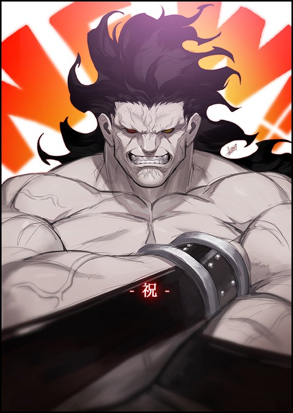 1boy anger_vein armor artist_name azusa_(hws) bara berserker black_hair bracelet chest clenched_teeth crossed_arms dark_skin dark_skinned_male fate/grand_order fate/stay_night fate_(series) glowing heterochromia jewelry long_hair looking_at_viewer male_focus manly muscle no_pupils pectorals red_sclera signature simple_background smile solo teeth upper_body veins yellow_sclera