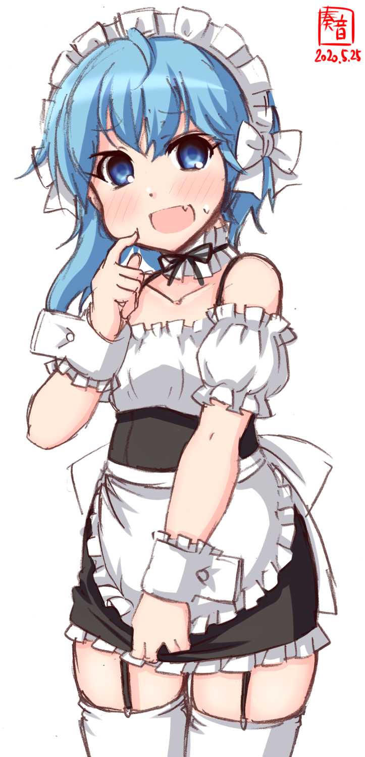 1girl alternate_costume apron artist_logo asymmetrical_hair black_skirt blouse blue_eyes blue_hair commentary_request dated detached_collar detached_sleeves enmaided fang frilled_apron frilled_skirt frills garter_straps highres kanon_(kurogane_knights) kantai_collection maid minazuki_(kantai_collection) pointing short_hair simple_background skin_fang skindentation skirt smile solo thigh-highs waist_apron white_apron white_background white_blouse white_legwear