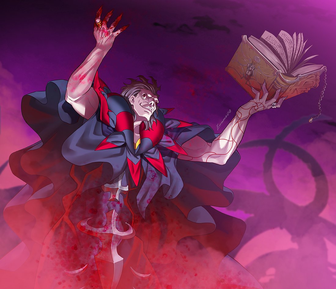 1boy aora arms_up artist_name black_eyes blood blood_on_arm blood_on_fingers blood_stain bloody_clothes book caster_(fate/zero) collar fate/zero fate_(series) from_below gradient gradient_background gradient_hair grey_hair holding holding_book jewelry looking_to_the_side male_focus multicolored_hair multiple_rings open_book pool_of_blood ring sleeveless smile smirk solo teeth upper_body