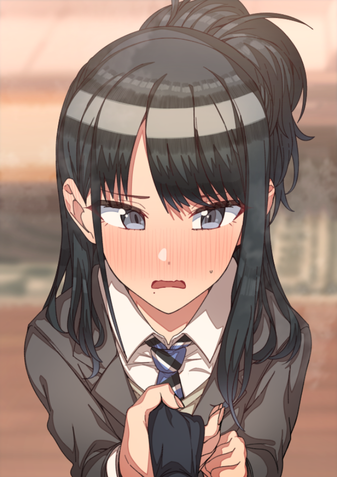 1girl bangs black_eyes black_hair blush erere idolmaster idolmaster_shiny_colors kazano_hiori long_hair mole mole_under_mouth necktie pov school_uniform solo sweatdrop