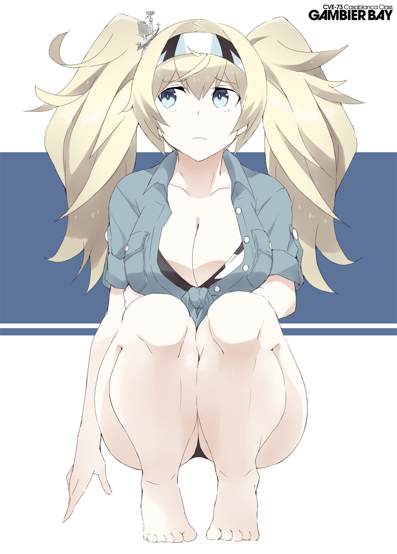 1girl barefoot bikini black_bikini blonde_hair blue_eyes blue_shirt breast_pocket breasts character_name commentary_request gambier_bay_(kantai_collection) hairband kantai_collection large_breasts pocket shirt solo souji squatting star star_print swimsuit tied_shirt twintails white_background