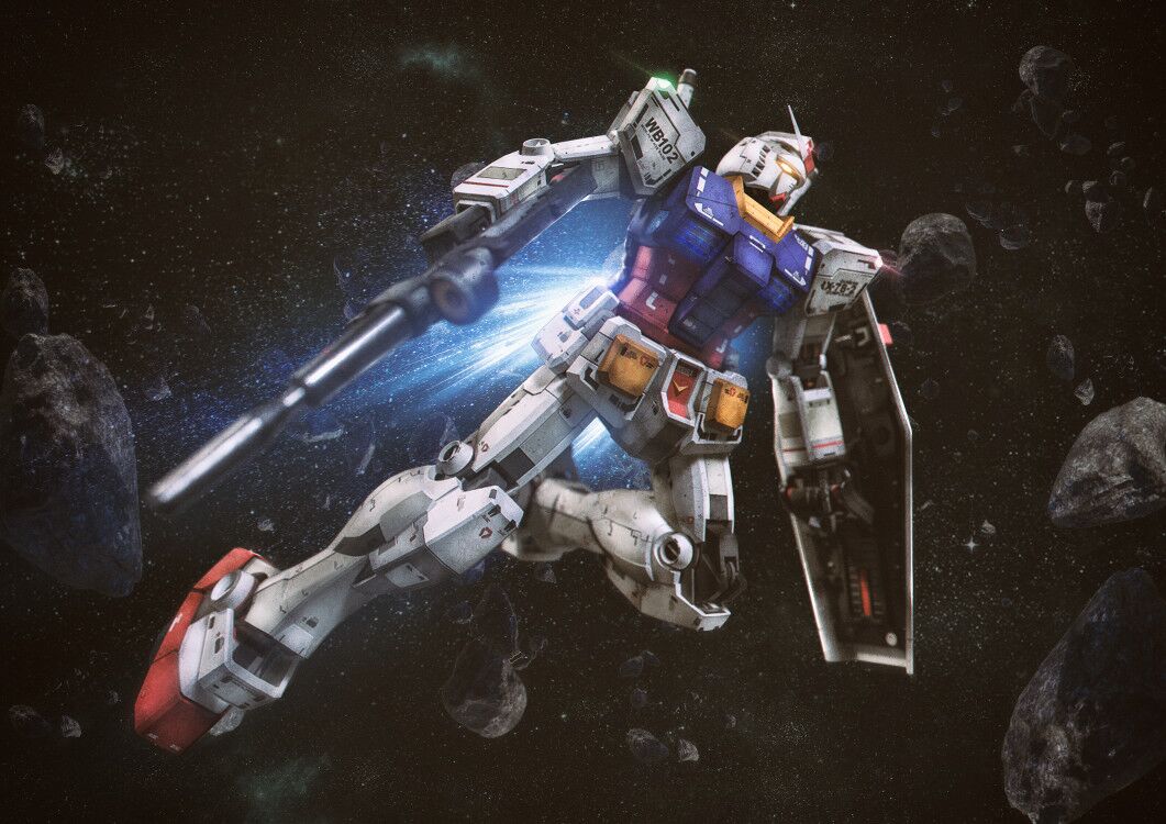 3d asteroid beam_rifle e_gyu energy_gun flying glowing glowing_eyes gun gundam holding holding_gun holding_weapon mecha mobile_suit_gundam no_humans robot rx-78-2 shield solo space v-fin weapon yellow_eyes