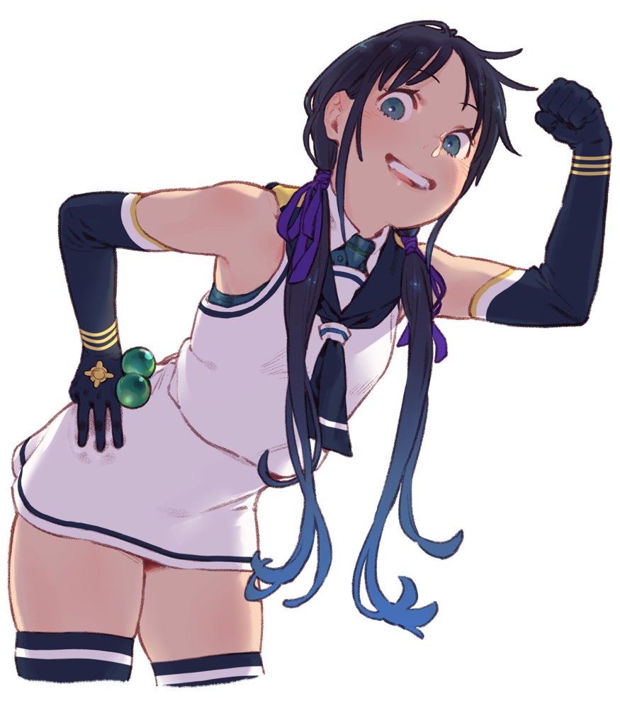 1girl aqua_eyes black_gloves black_legwear black_neckerchief black_sailor_collar blue_hair blush cowboy_shot cropped_legs elbow_gloves gloves kantai_collection long_hair neckerchief open_mouth sailor_collar school_uniform serafuku simple_background sleeveless smile solo suzukaze_(kancolle) thigh-highs uyama_hajime white_background