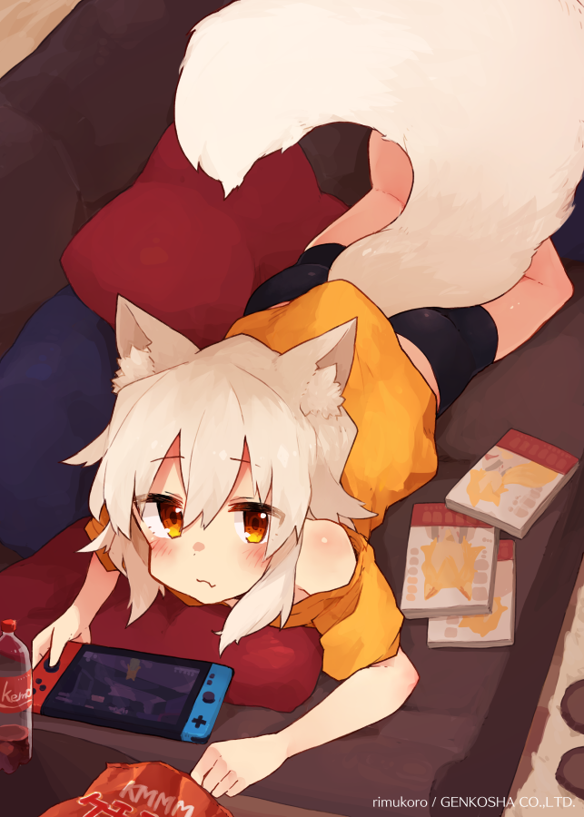 1girl animal_ear_fluff animal_ears bike_shorts blush chips couch fang food fox_ears fox_girl fox_tail lying manga_(object) nintendo_switch off_shoulder on_stomach orange_eyes original pillow rimukoro skin_fang soda_bottle tail white_hair