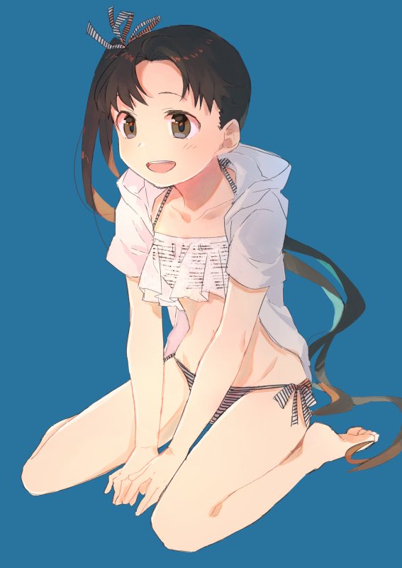 1girl 8ne_(nitika127) ayanami_(kantai_collection) barefoot bikini blue_background brown_eyes brown_hair full_body hair_ribbon hood hood_down hooded_jacket jacket kantai_collection long_hair open_mouth ponytail ribbon side-tie_bikini side_ponytail simple_background sitting solo striped striped_bikini swimsuit white_jacket