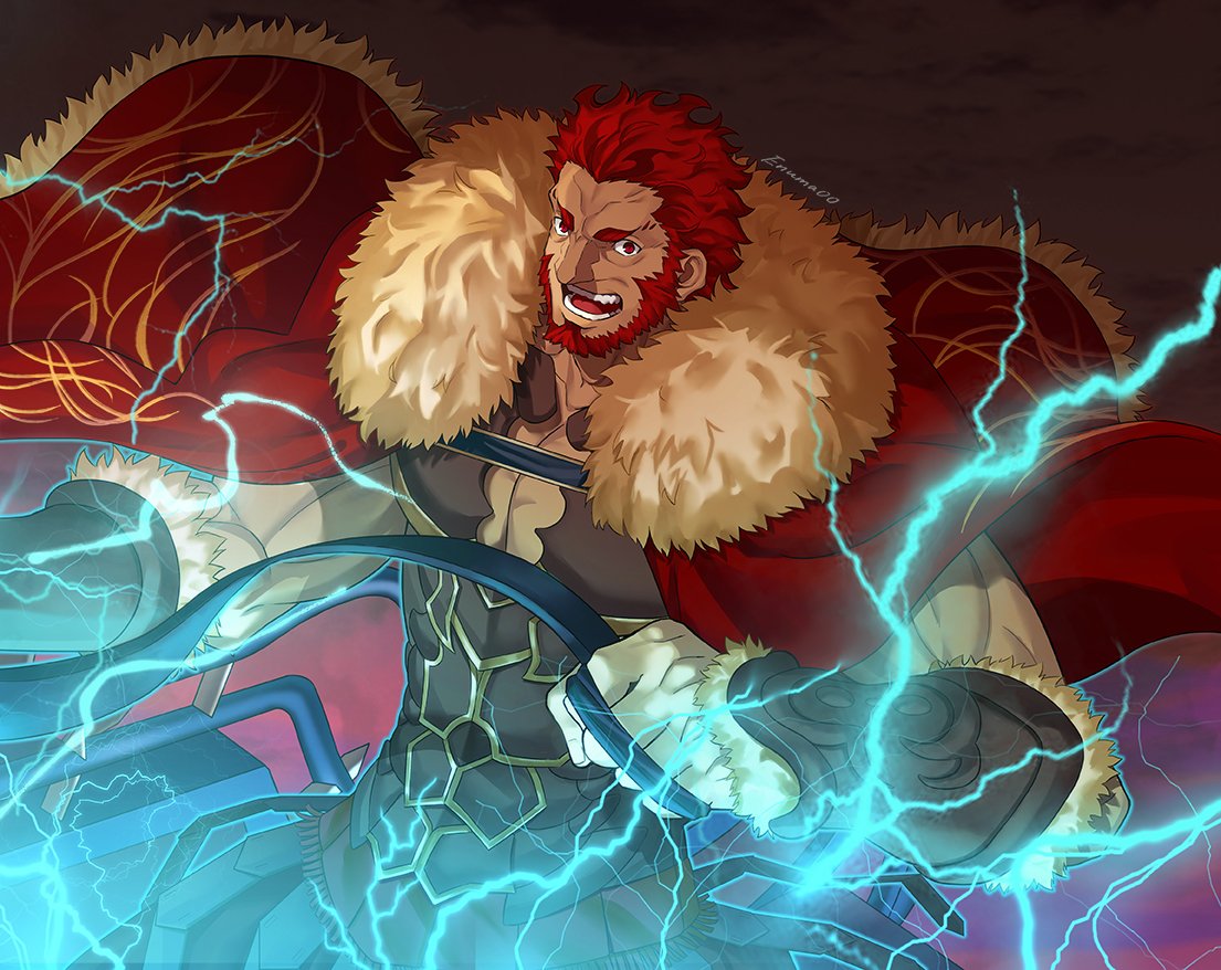 1boy aora arm_armor armor bara beard breastplate cape chariot chest cleavage_cutout facial_hair fate/grand_order fate/zero fate_(series) from_side fur_collar glowing gordius_wheel greek_clothes iskandar_(fate) leather lightning lightning_bolt looking_at_viewer male_focus manly muscle open_clothes open_mouth pectorals red_cape red_eyes redhead revealing_clothes smile solo teeth upper_body
