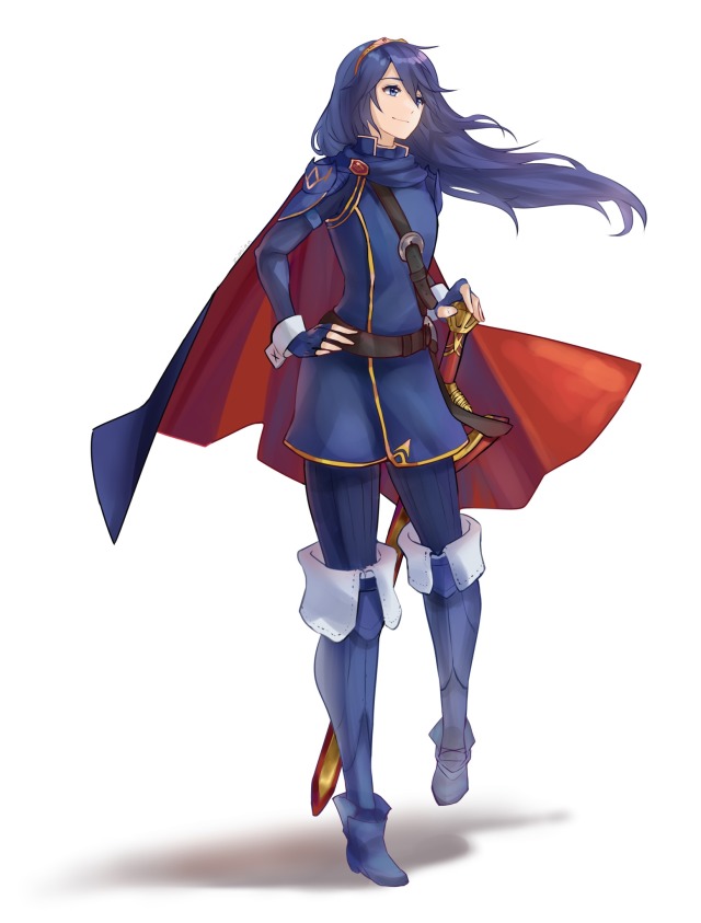 1girl belt blue_eyes blue_footwear blue_hair blue_shirt cape fire_emblem fire_emblem_awakening hairband hand_on_hilt hand_on_hip looking_to_the_side lucina lucina_(fire_emblem) sheath shirt smile sword weapon zinnia-art