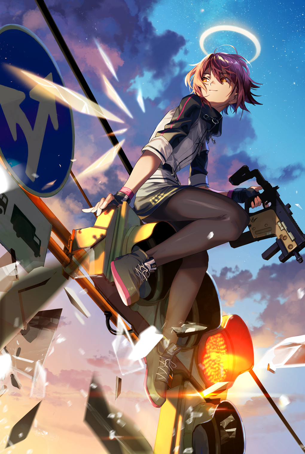 1girl arknights bangs black_footwear black_gloves black_legwear commentary_request exusiai_(arknights) fingerless_gloves full_body gloves gun hair_between_eyes halo highres holding holding_weapon jacket kriss_vector kunoji_(jq9_9p) pantyhose red_eyes redhead road_sign short_hair sign sitting sitting_on_object smile solo submachine_gun traffic_light weapon white_jacket wings