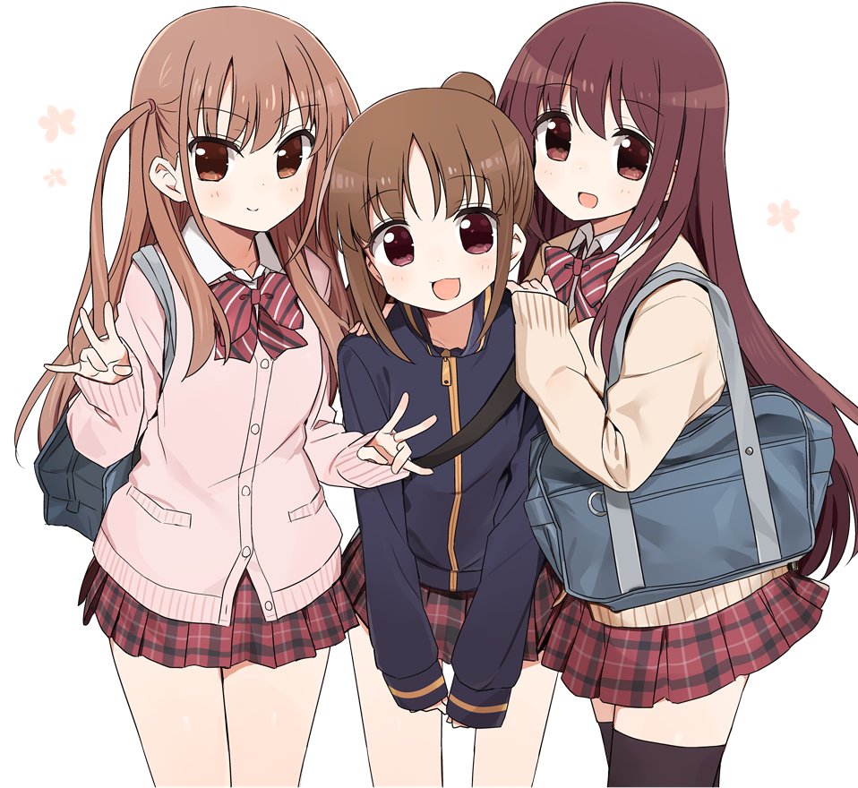 3girls :3 :d achiga_school_uniform atarashi_ako bag beige_sweater black_legwear blue_jacket bow bowtie brown_eyes brown_hair cardigan carrying cherry_blossoms closed_mouth cowboy_shot double_w dress_shirt eyebrows_visible_through_hair girl_sandwich hair_tie hands_on_another's_shoulders jacket leaning_forward long_hair looking_at_viewer matsumi_kuro miniskirt multiple_girls open_mouth petals pink_sweater plaid plaid_skirt pleated_skirt ponytail red_neckwear red_skirt saki saki_achiga-hen sandwiched school_bag school_uniform shirt shisoneri side-by-side simple_background skirt smile standing striped striped_neckwear sweater takakamo_shizuno thigh-highs track_jacket two_side_up violet_eyes w white_background white_shirt wing_collar zipper