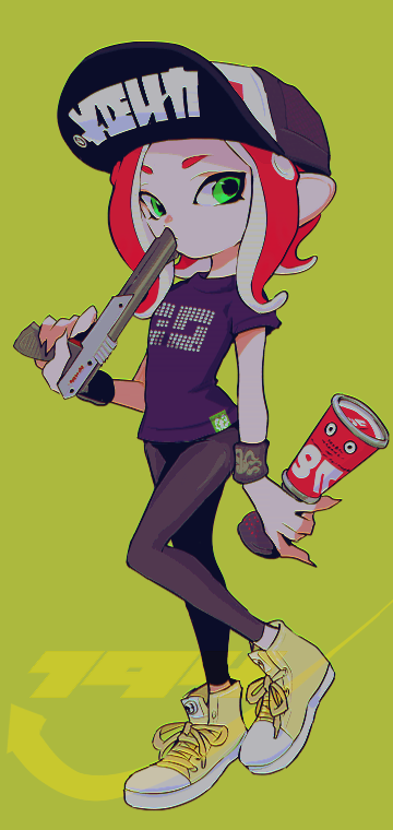 1girl baseball_cap black_headwear black_legwear black_shirt burst_bomb_(splatoon) commentary cross-laced_footwear fingernails green_background green_eyes hat holding holding_weapon imaikuy0 inkling_(language) leggings logo makeup mascara medium_hair n-zap_(splatoon) octoling print_headwear print_shirt redhead sharp_fingernails shirt shoes short_sleeves sneakers solo splatoon_(series) splatoon_2 standing standing_on_one_leg suction_cups symbol_commentary t-shirt tentacle_hair weapon wristband yellow_footwear