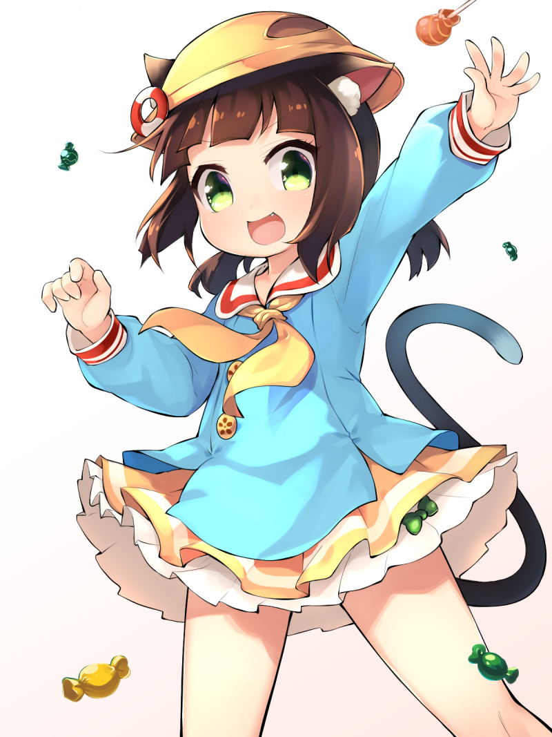 1girl :d animal_ear_fluff animal_ears azur_lane brown_hair buttons candy cat_ears cat_girl cat_tail eyebrows_visible_through_hair fang food gradient gradient_background green_eyes hat hat_ornament kindergarten_uniform legs_apart lifebuoy_hair_ornament lollipop long_sleeves miniskirt mutsuki_(azur_lane) neckerchief open_mouth outstretched_arm pleated_skirt sailor_collar school_hat short_hair skirt smile solo tail tail_raised v-shaped_eyebrows white_sailor_collar yellow_headwear yellow_neckwear yellow_skirt youhei_64d