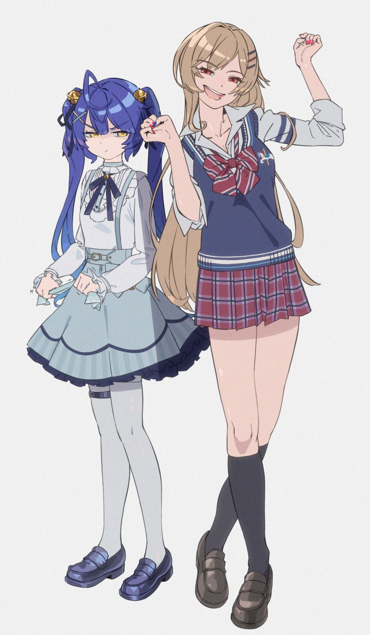 2girls amamiya_kokoro arm_up bangs bell black_legwear black_ribbon blue_footwear blue_hair blue_nails blue_skirt bow brown_footwear brown_hair collared_shirt colored_shadow commentary_request crossed_legs diagonal_stripes dress_shirt eyebrows_visible_through_hair frilled_skirt frills furen_e_lustario grey_background grey_legwear hair_bell hair_ornament hair_ribbon hairclip half-closed_eyes hand_up highres jingle_bell kneehighs loafers long_hair multicolored multicolored_nails multiple_girls nail_polish nijisanji pantyhose plaid plaid_skirt pleated_skirt red_bow red_eyes red_nails red_skirt ribbon school_uniform shadow shirt shoes simple_background sirataki_umauma skirt standing striped striped_bow suspender_skirt suspenders sweater_vest twintails v-shaped_eyebrows very_long_hair white_shirt x_hair_ornament yellow_eyes