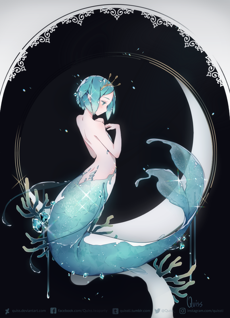 1other :o androgynous aqua_eyes aqua_hair artist_name back black_background coral crescent crystal fins full_body houseki_no_kuni looking_away looking_down mermaid monster_girl nude phosphophyllite quiss short_hair solo sparkle tiara water_drop watermark web_address